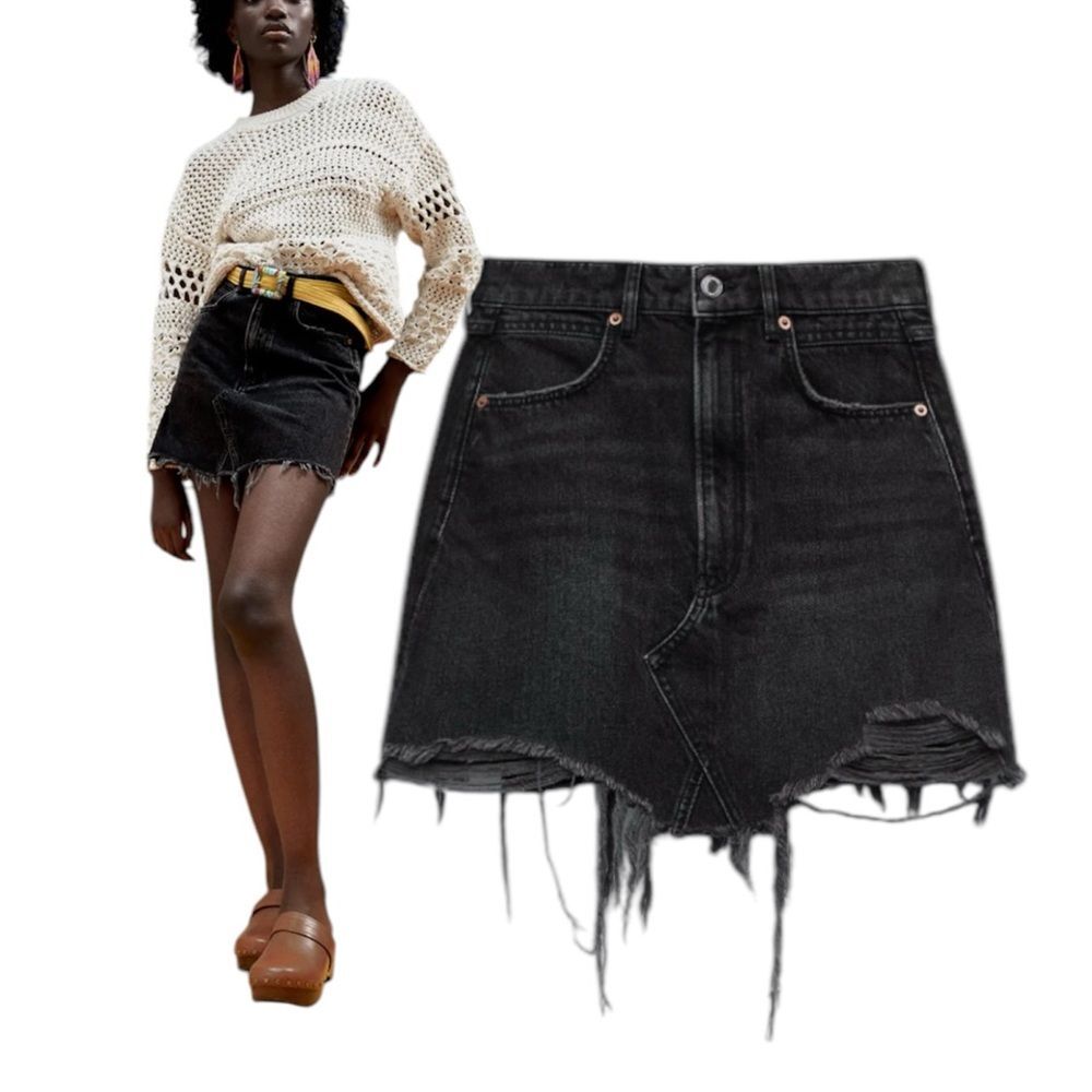 Zara The Mini Skirt Black Denim Women’s Large Cotton Grunge Summer Casual Boho